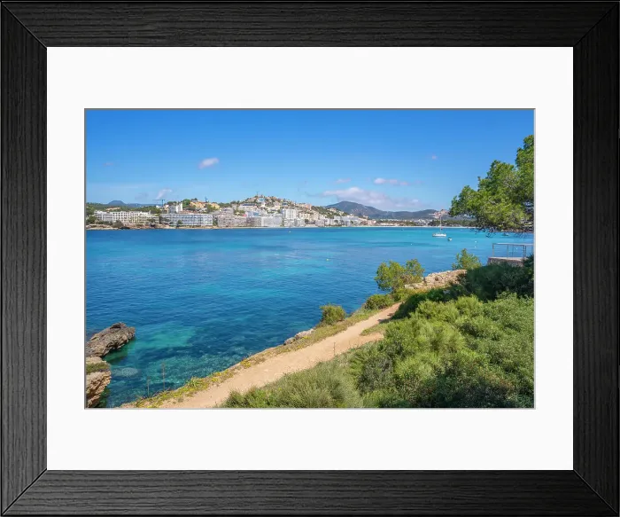 Framed Print : View of rocky shoreline by turquoise sea and Santa Ponsa, Majorca, Balearic Islands, Spain, Mediterranean, Europe Framed Print : View of rocky shoreline by turquoise sea and Santa Ponsa, Majorca, Balearic Islands, Spain, Mediterranean, Europe