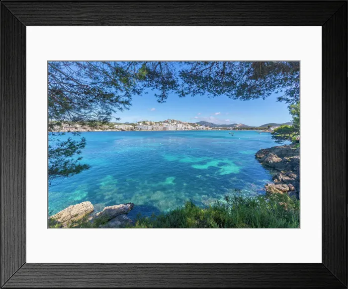 Framed Print : View of rocky shoreline by turquoise sea and Santa Ponsa, Majorca, Balearic Islands, Spain, Mediterranean, Europe Framed Print : View of rocky shoreline by turquoise sea and Santa Ponsa, Majorca, Balearic Islands, Spain, Mediterranean, Europe