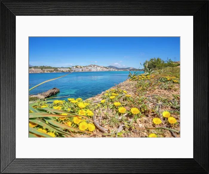 Framed Print : View of rocky shoreline by turquoise sea and Santa Ponsa, Majorca, Balearic Islands, Spain, Mediterranean, Europe Framed Print : View of rocky shoreline by turquoise sea and Santa Ponsa, Majorca, Balearic Islands, Spain, Mediterranean, Europe