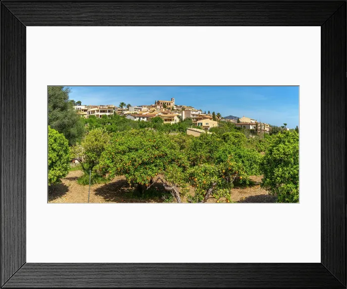 Framed Print : View of orange trees at hilltop town of Selva, Majorca, Balearic Islands, Spain, Mediterranean, Europe
