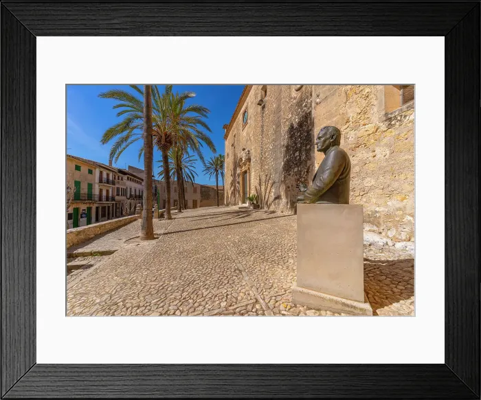 Framed Print : View of palm trees ad statue beside Sant Bartomeu church, Montuiri, Majorca, Balearic Islands, Spain, Mediterranean, Europe Framed Print : View of palm trees ad statue beside Sant Bartomeu church, Montuiri, Majorca, Balearic Islands, Spain, Mediterranean, Europe