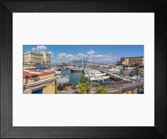 Framed Print : View of boats in harbour, restaurants and Mount Vesuvius from Ovo Castle, Naples, Campania, Italy, Europe Framed Print : View of boats in harbour, restaurants and Mount Vesuvius from Ovo Castle, Naples, Campania, Italy, Europe