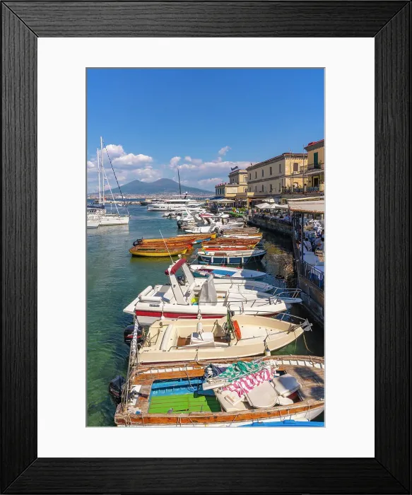 Framed Print : View of boats in harbour, restaurants and Mount Vesuvius from Ovo Castle, Naples, Campania, Italy, Europe Framed Print : View of boats in harbour, restaurants and Mount Vesuvius from Ovo Castle, Naples, Campania, Italy, Europe