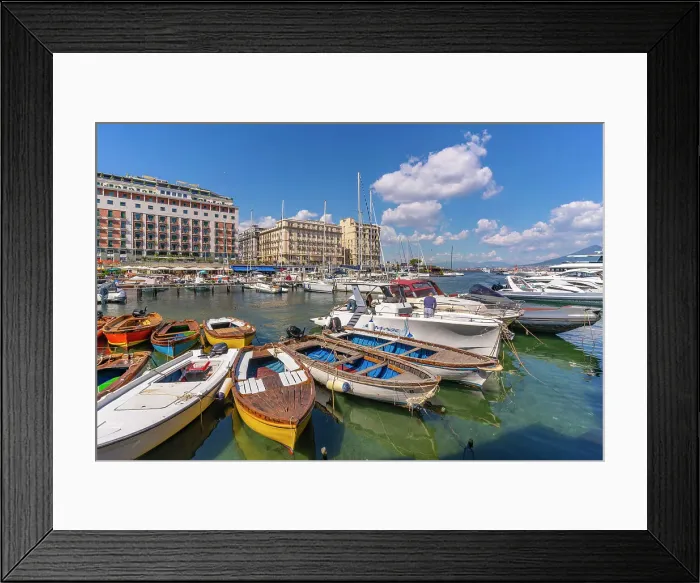 Framed Print : View of boats in harbour, restaurants from Ovo Castle, Naples, Campania, Italy, Europe Framed Print : View of boats in harbour, restaurants from Ovo Castle, Naples, Campania, Italy, Europe