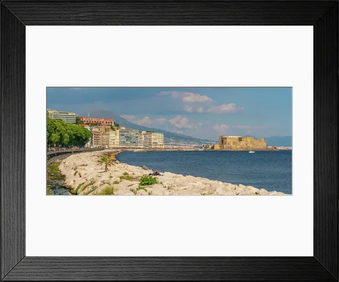 Framed Print : View of pastel coloured architecture, restaurants and Ovo Castle on seafront of Via Partenope and Mount Vesuvius, Naples, Campania, Italy, Europe