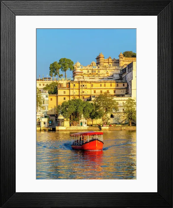 Framed Print : Tourist Boat on Lake Pichola with the City Palace in the background, Udaipur, Rajasthan, India, South Asia, Asia