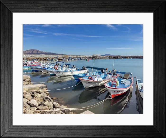 Framed Print : Small fishing boats (pangas) in the inner harbor in Loreto, Baja California Sur, Sea of Cortez, Mexico, North America Framed Print : Small fishing boats (pangas) in the inner harbor in Loreto, Baja California Sur, Sea of Cortez, Mexico, North America
