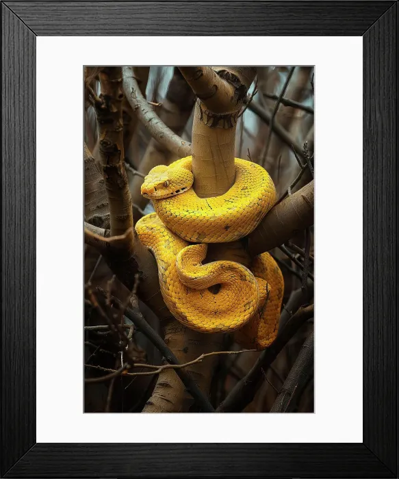 Framed Print : AI generated image of a Stylized yellow tree snake wrapped around branches Framed Print : AI generated image of a Stylized yellow tree snake wrapped around branches