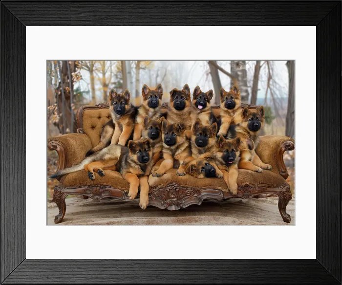 Framed Print : AI generated image of a Litter of German Shepherd dogs seated on a sofa Framed Print : AI generated image of a Litter of German Shepherd dogs seated on a sofa