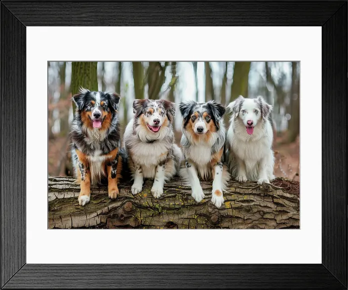 Framed Print : AI generated image of young Australian shepherd dogs seated on tree trunk Framed Print : AI generated image of young Australian shepherd dogs seated on tree trunk