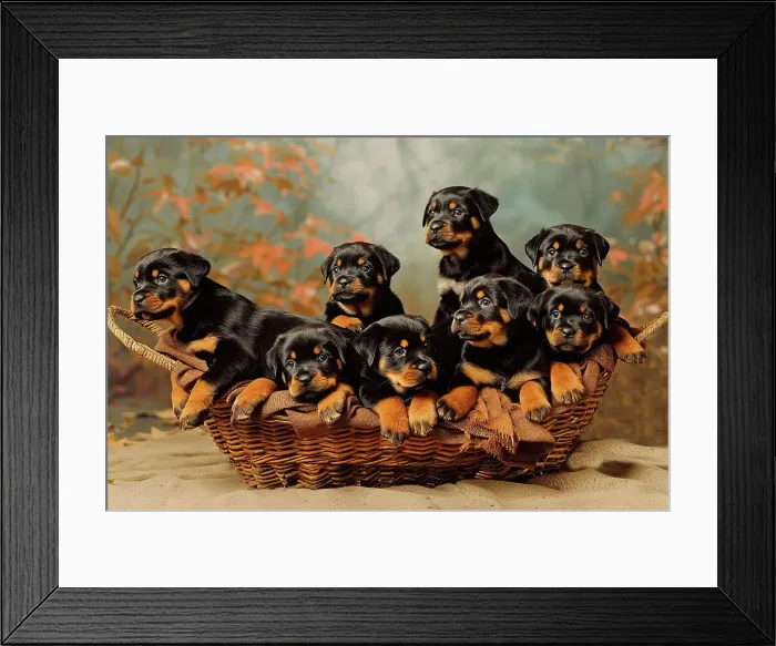 Framed Print : AI generated image of a Litter of rottweilers lying down in a wicker basket