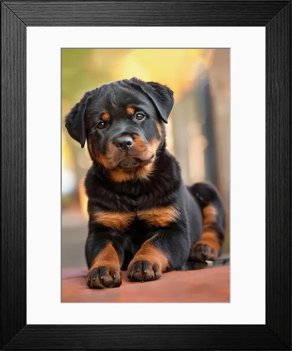 Framed Print : AI generated image of a Cute rottweiler sitting on the ground and looking curiously in the camera