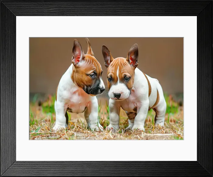 Framed Print : AI generated image of Two cute young bull terriers looking at each other