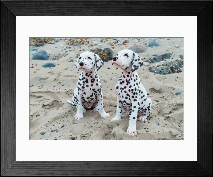 Framed Print : AI generated image of Two cute young dalmatian dogs seated on sand Framed Print : AI generated image of Two cute young dalmatian dogs seated on sand