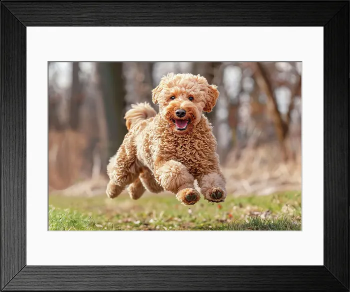 Framed Print : AI generated image of a Young goldendoodle pup running and springing in the grass Framed Print : AI generated image of a Young goldendoodle pup running and springing in the grass