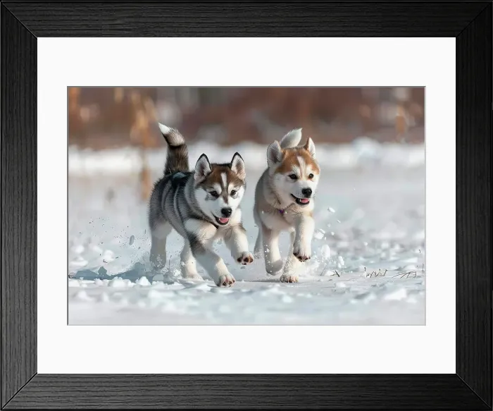Framed Print : AI generated image of Two cute Alaskan Husky pups running in snow Framed Print : AI generated image of Two cute Alaskan Husky pups running in snow