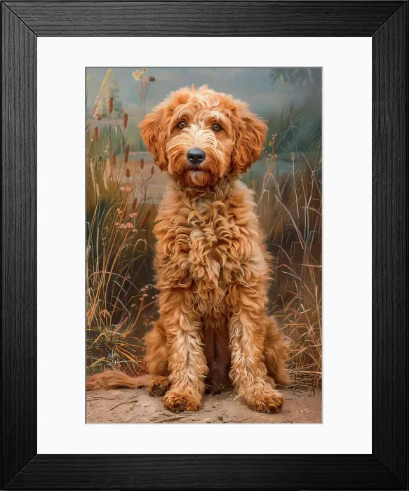 Framed Print : AI generated image of a Young goldendoodle pup sitting on the ground