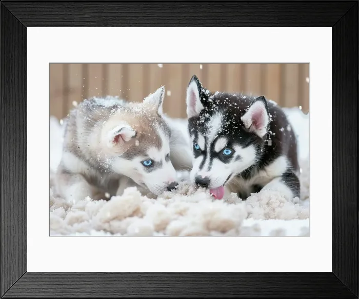 Framed Print : AI generated image of Two cute Alaskan Husky pups licking snow Framed Print : AI generated image of Two cute Alaskan Husky pups licking snow