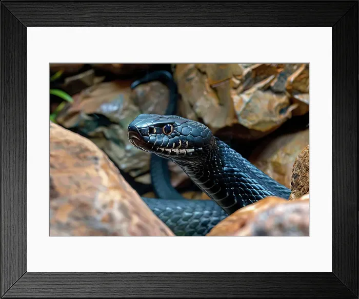 Framed Print : AI generated image of a Venomous black mamba on rocks, Africa Framed Print : AI generated image of a Venomous black mamba on rocks, Africa
