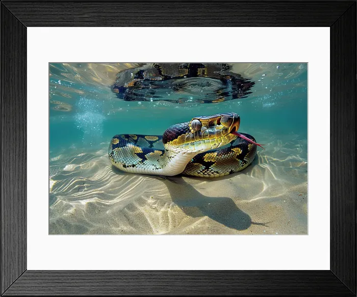 Framed Print : AI generated image of a Large anaconda swimming under water Framed Print : AI generated image of a Large anaconda swimming under water