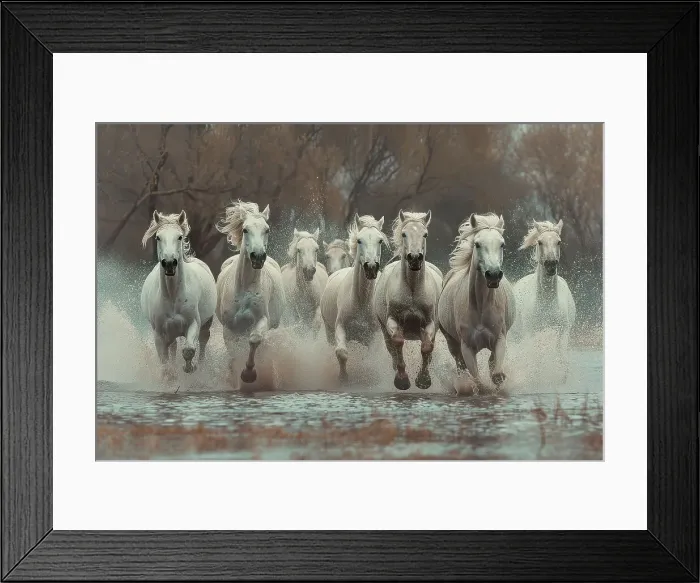 Framed Print : AI generated image of a Group of white horses running in the water Framed Print : AI generated image of a Group of white horses running in the water
