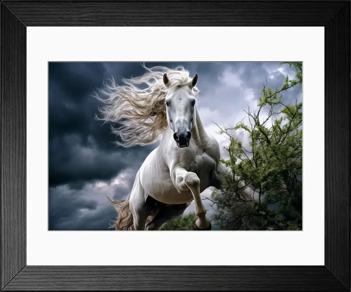 Framed Print : AI generated image of a Rearing white horse in thicket Framed Print : AI generated image of a Rearing white horse in thicket