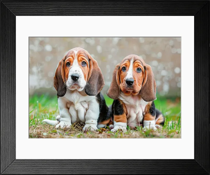 Framed Print : AI generated image of Two cute Basset hound pups sitting in the grass Framed Print : AI generated image of Two cute Basset hound pups sitting in the grass