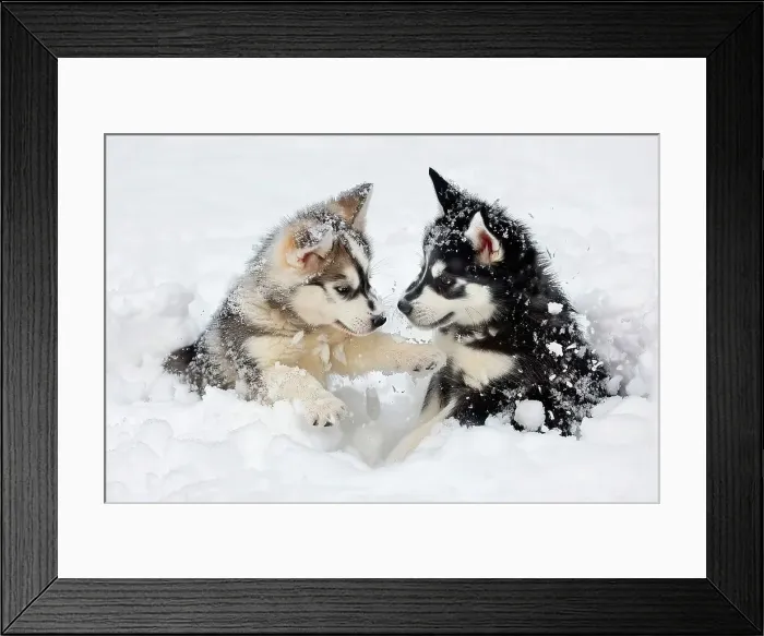 Framed Print : AI generated image of Two cute Alaskan Husky pups playing in snow Framed Print : AI generated image of Two cute Alaskan Husky pups playing in snow