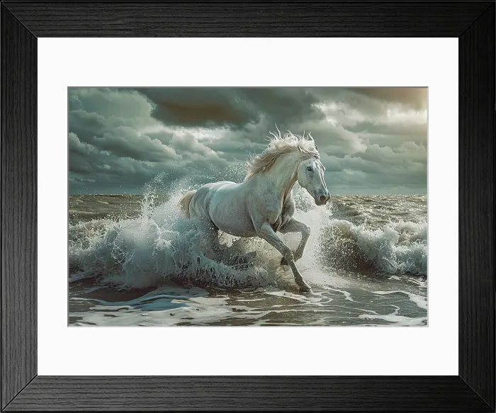 Framed Print : AI generated image of a White horse running in the sea Framed Print : AI generated image of a White horse running in the sea
