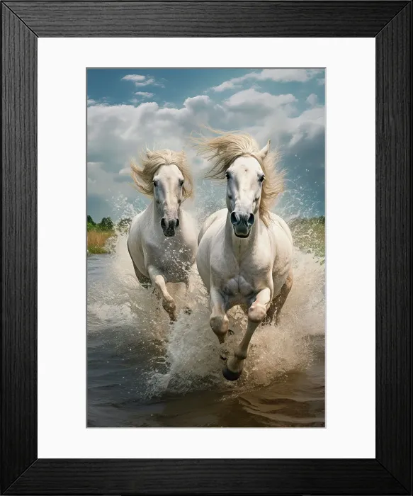 Framed Print : AI generated image of Two white horses running in the water Framed Print : AI generated image of Two white horses running in the water