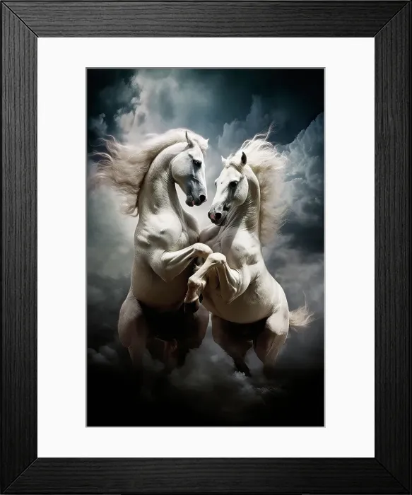 Framed Print : AI generated image of White stallion horses fighting on the beach Framed Print : AI generated image of White stallion horses fighting on the beach