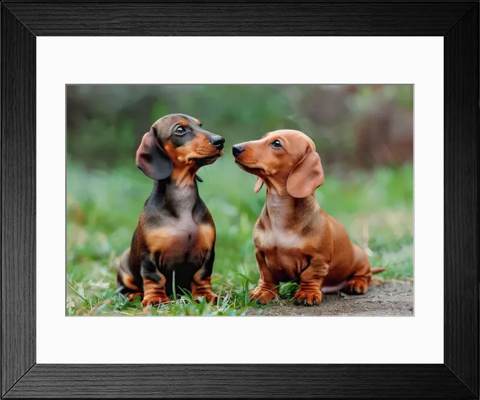 Framed Print : AI generated image of Two cute Dachshund pups looking at each other Framed Print : AI generated image of Two cute Dachshund pups looking at each other