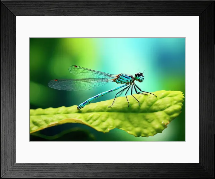 Framed Print : AI generated image of a Close up of a male blue tailed damselfly (common damselfly) on a green leaf Framed Print : AI generated image of a Close up of a male blue tailed damselfly (common damselfly) on a green leaf