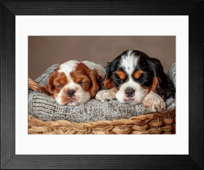 Framed Print : AI generated image of Two cute Cavalier King Charles Spaniel pups sleeping in a wicker basket Framed Print : AI generated image of Two cute Cavalier King Charles Spaniel pups sleeping in a wicker basket