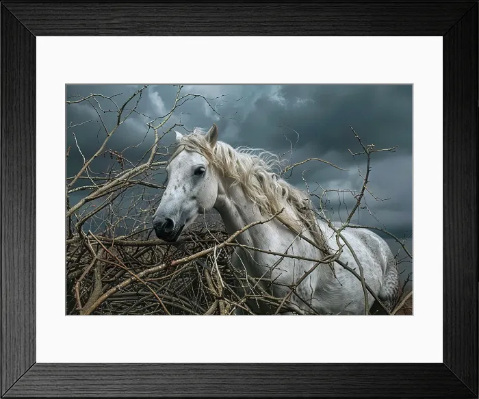 Framed Print : AI generated image of a Portrait of a white horse in a thicket Framed Print : AI generated image of a Portrait of a white horse in a thicket