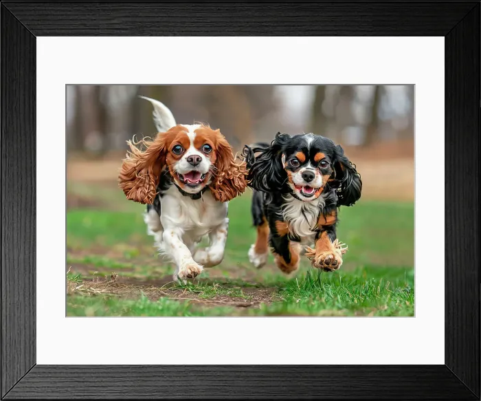 Framed Print : AI generated image of Two cute Cavalier King Charles Spaniel pups running playfully Framed Print : AI generated image of Two cute Cavalier King Charles Spaniel pups running playfully