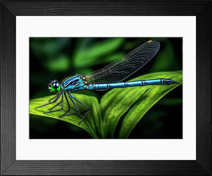 Framed Print : AI generated image of a Close up of a male blue tailed damselfly (common damselfly) on a green leaf Framed Print : AI generated image of a Close up of a male blue tailed damselfly (common damselfly) on a green leaf