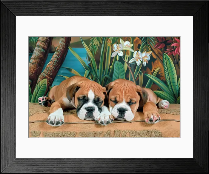 Framed Print : AI generated image of Two cute boxer pups sleeping on cushions Framed Print : AI generated image of Two cute boxer pups sleeping on cushions