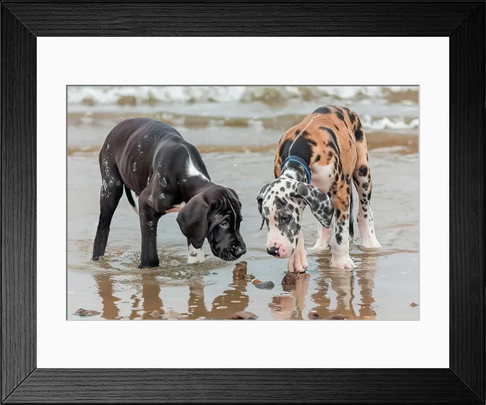 Framed Print : AI generated image of Two cute Great Dane pups in the water