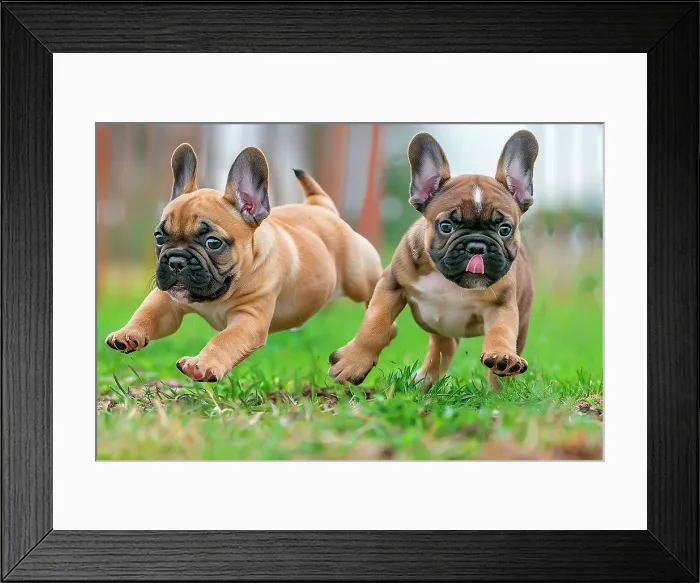 Framed Print : AI generated image of Two cute French Bulldog pups playing and running together in the grass Framed Print : AI generated image of Two cute French Bulldog pups playing and running together in the grass