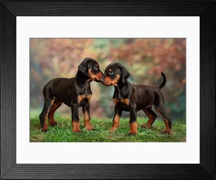 Framed Print : AI generated image of Two cute Dobermann pinscher pups playing together