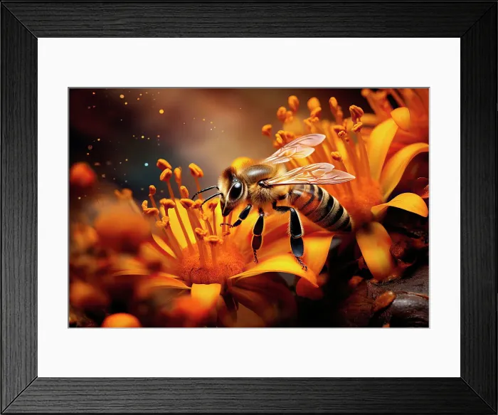 Framed Print : AI generated image of a Stylized Honeybee foraging flowers