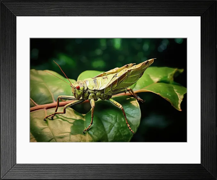 Framed Print : AI generated image of a Stylized grasshopper on a leaf Framed Print : AI generated image of a Stylized grasshopper on a leaf
