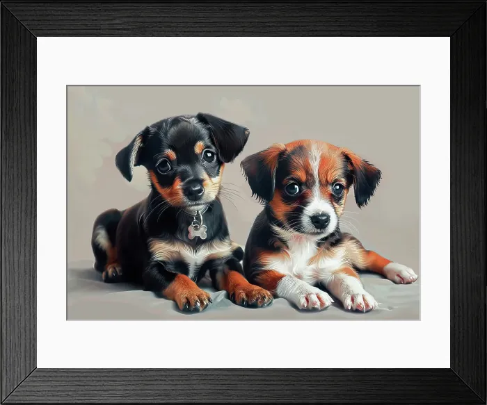 Framed Print : AI generated image of Two cute pocket Dog pups seated on ground Framed Print : AI generated image of Two cute pocket Dog pups seated on ground