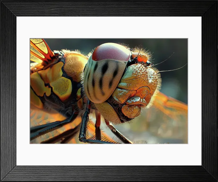 Framed Print : AI generated image of Stylized macro photography of a dragonfly head