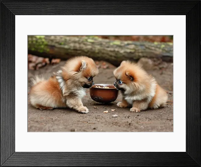 Framed Print : AI generated image of Two cute Pomeranian pups eating in a bowl Framed Print : AI generated image of Two cute Pomeranian pups eating in a bowl