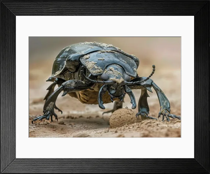 Framed Print : AI generated image of a Dung (scarab) beetle pushing a round ball of faeces
