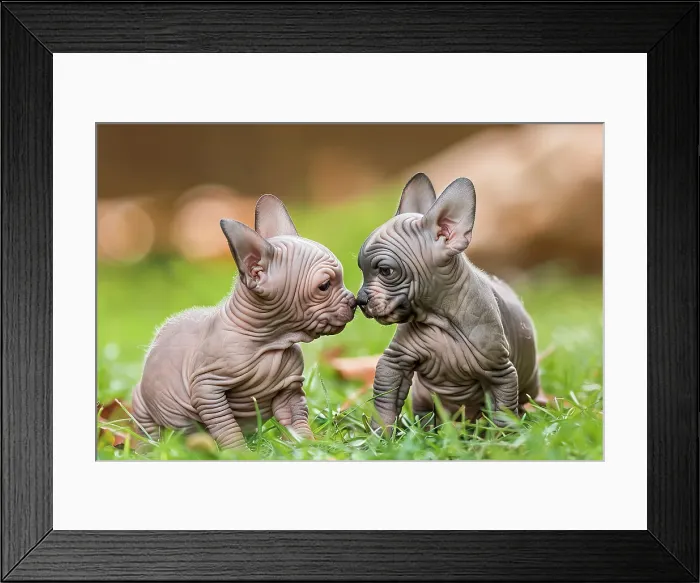 Framed Print : AI generated image of Two cute Mexican Hairless pups seated and looking at each other Framed Print : AI generated image of Two cute Mexican Hairless pups seated and looking at each other