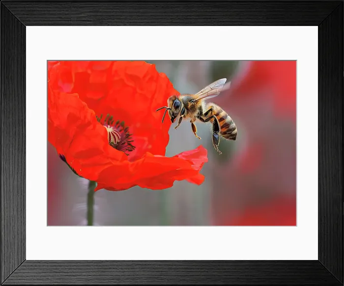 Framed Print : AI generated image of a Honeybee foraging a red poppy Framed Print : AI generated image of a Honeybee foraging a red poppy