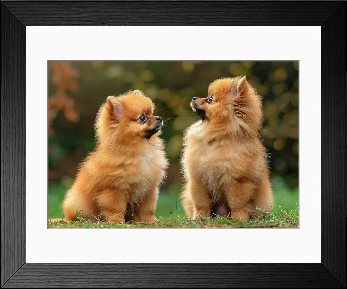 Framed Print : AI generated image of Two cute Pomeranian pups looking at each other Framed Print : AI generated image of Two cute Pomeranian pups looking at each other
